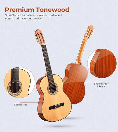 Classical Guitar 36" 3/4 Spanish Style Classical Guitarra, 36 Inch Nylon Strings Guitar Ideal for Beginner Teens Adults, Natural Spruce