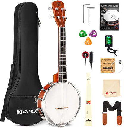 Vangoa VBU-20 Banjo Ukulele Concert 23 Inch 4 String Banjolele with Armrest