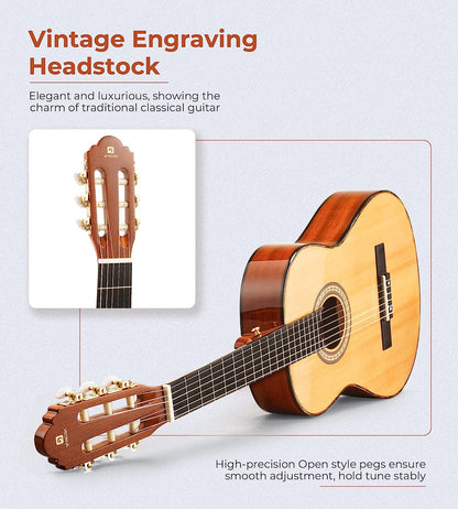 Classical Guitar 36" 3/4 Spanish Style Classical Guitarra, 36 Inch Nylon Strings Guitar Ideal for Beginner Teens Adults, Natural Spruce