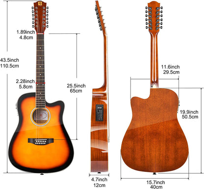 Vangoa 12 String Acoustic Electric Guitar Sunburst Gloss - Vangoa