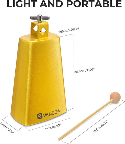 Vangoa 8 Inch Cow Bell With Mallet Beater Sticks Gold - Vangoa