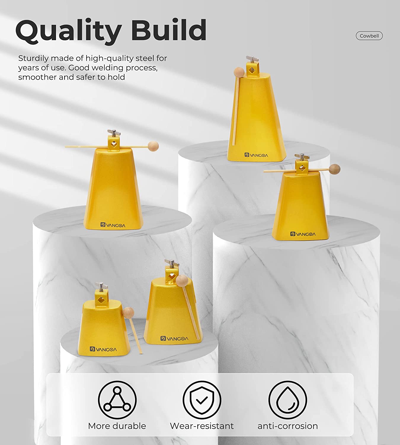 Vangoa 8 Inch Cow Bell With Mallet Beater Sticks Gold - Vangoa