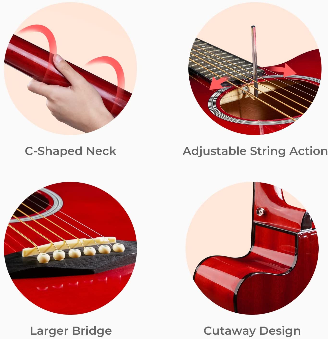 Vangoa Acoustic Guitar Full Size Red - Vangoa