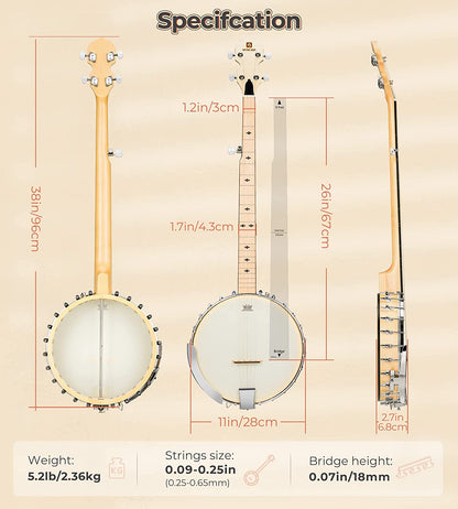 Vangoa Banjo Open Back 5 String Full size - Vangoa