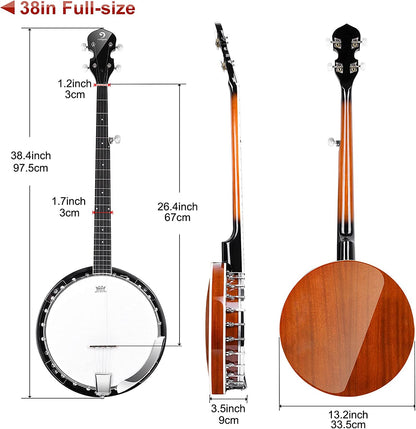 Vangoa LEFT - HANDED Banjo 5 String with Resonator Mahogany Open Back 38 Inch - Vangoa