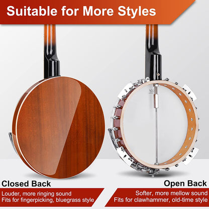 Vangoa LEFT - HANDED Banjo 5 String with Resonator Mahogany Open Back 38 Inch - Vangoa