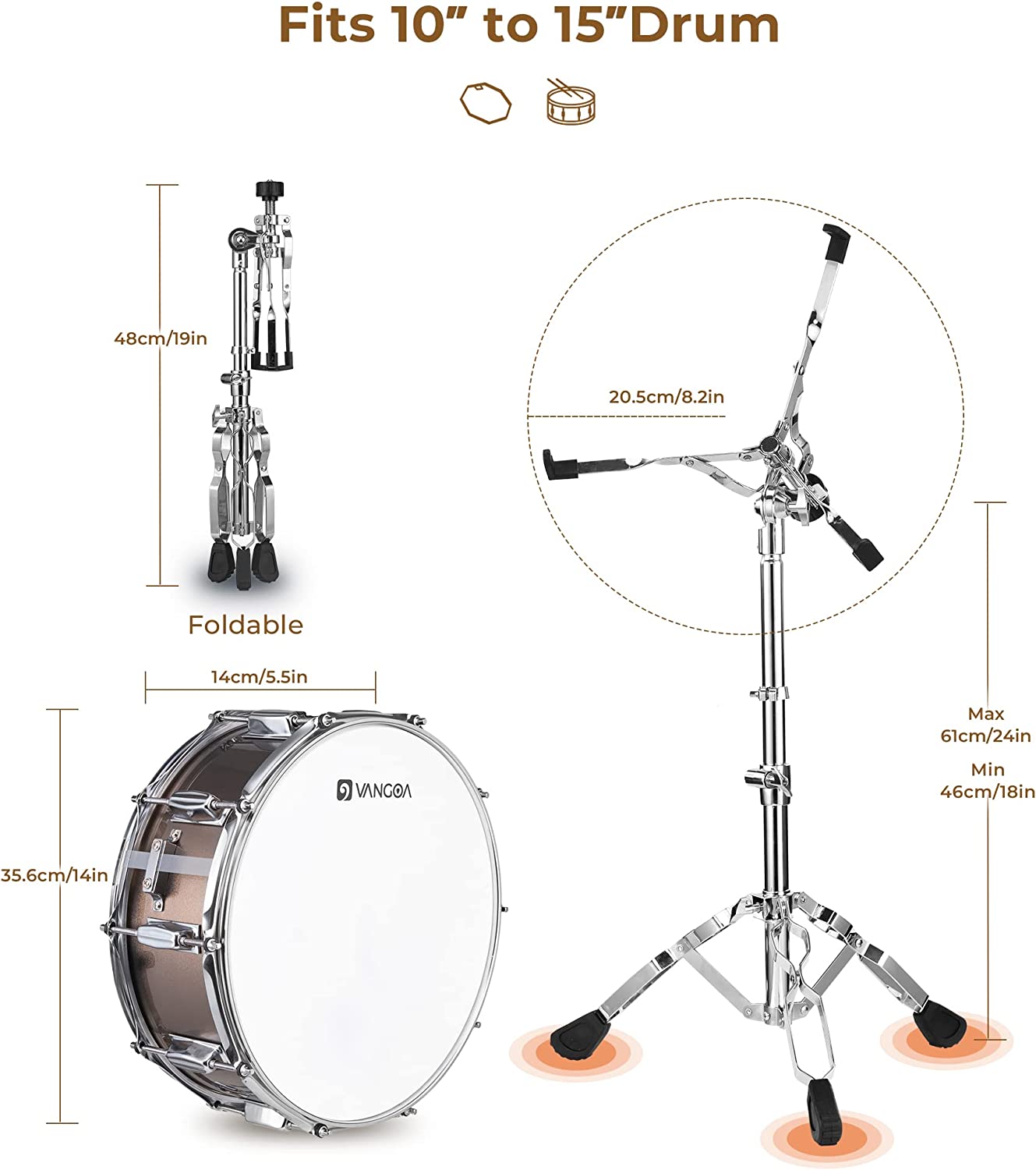 Vangoa Student Snare Drum Set with Stand Brown 14"X 5.5" - Vangoa