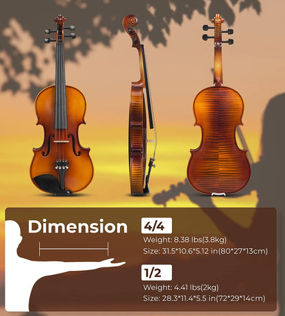 Vangoa VA200 Solid Wood Violin, 1/2 Full Size, Unique Flamed Maple Back - Vangoa