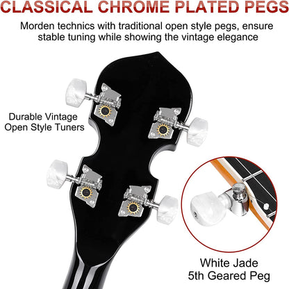 Vangoa VBJ - 4E Acoustic Electric Banjo 5 String Full Size 24 Brackets with Geared 5th Pegs for Beginners Adults - Vangoa