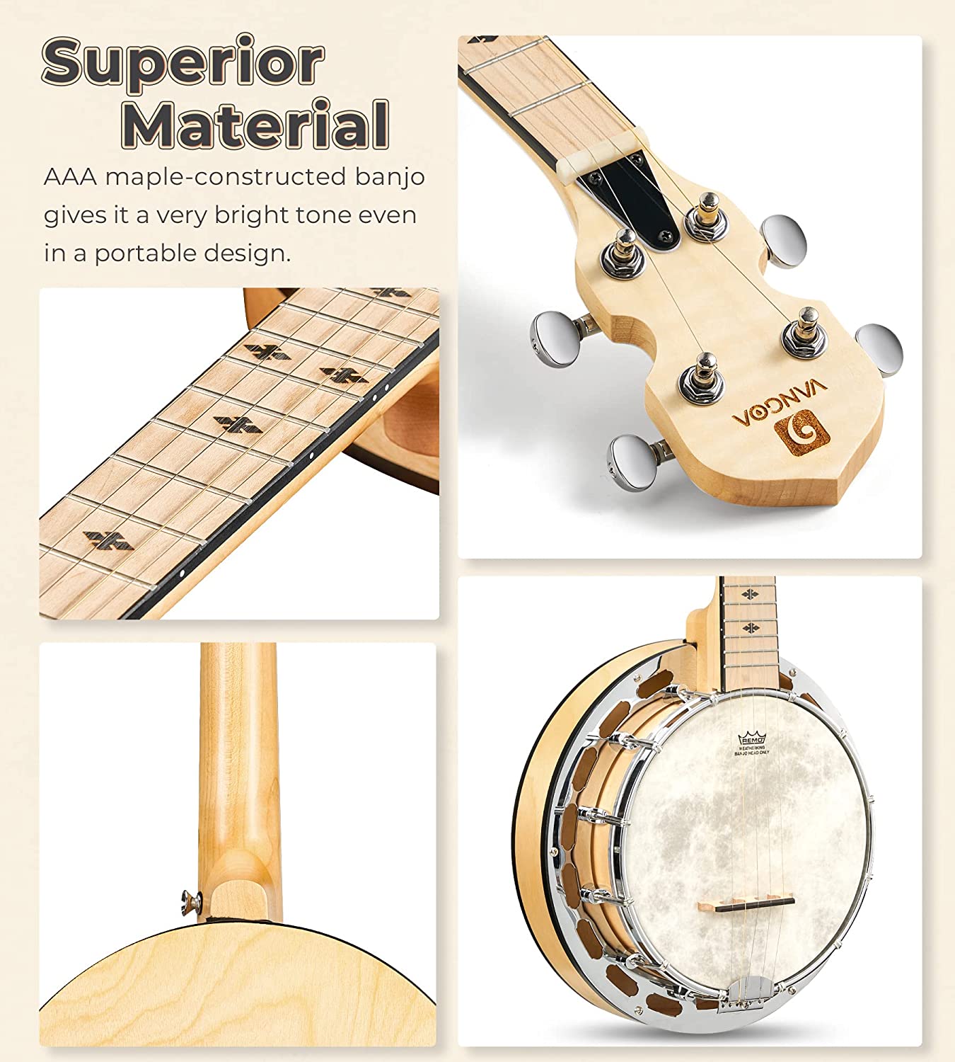 Vangoa VBJ08 - 5 Banjo 5 String with Tone Ring 28 Inch Maple Banjo - Vangoa