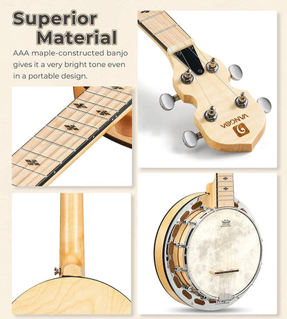 Vangoa VBJ08 - 5 Banjo 5 String with Tone Ring 28 Inch Maple Banjo - Vangoa