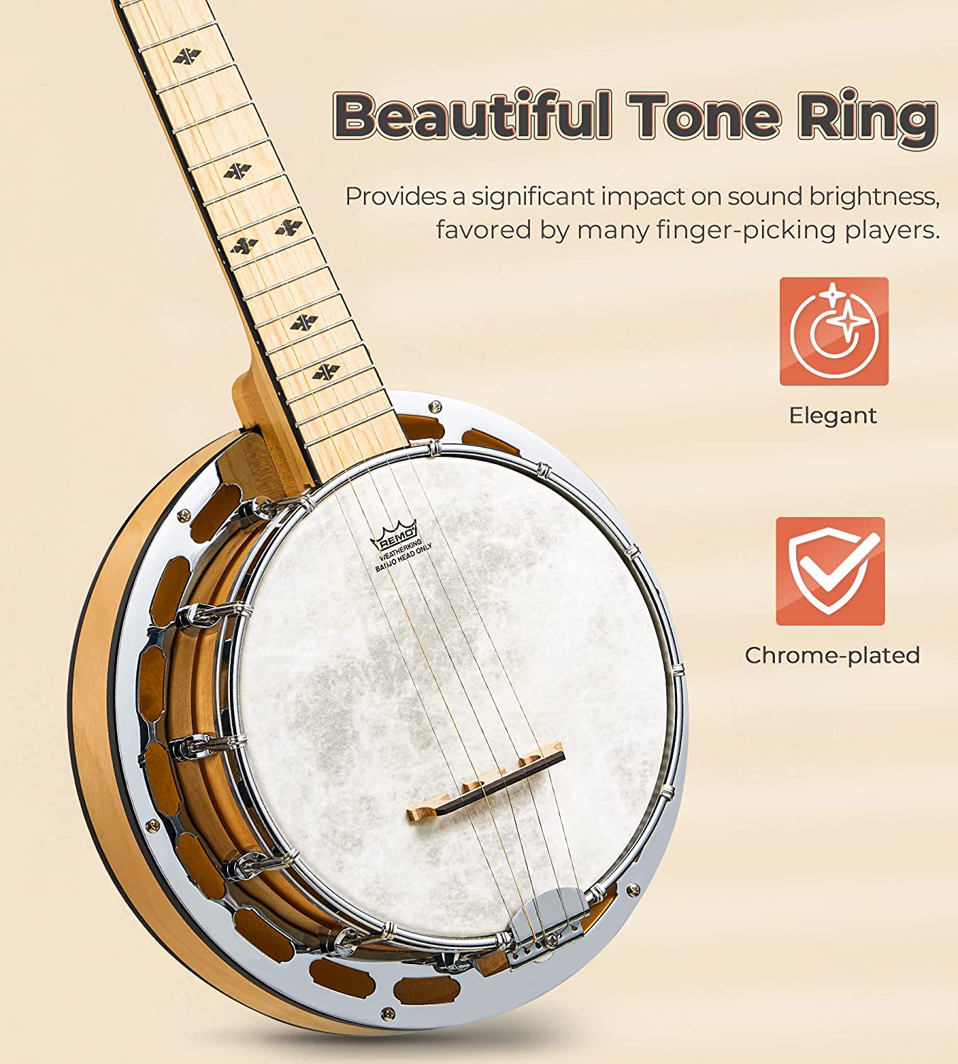 Vangoa VBJ08-5 Banjo 5 String with Tone Ring 28 Inch Maple Banjo