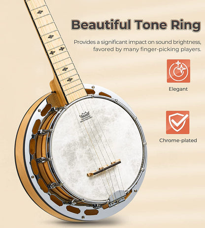 Vangoa VBJ08 - 5 Banjo 5 String with Tone Ring 28 Inch Maple Banjo - Vangoa