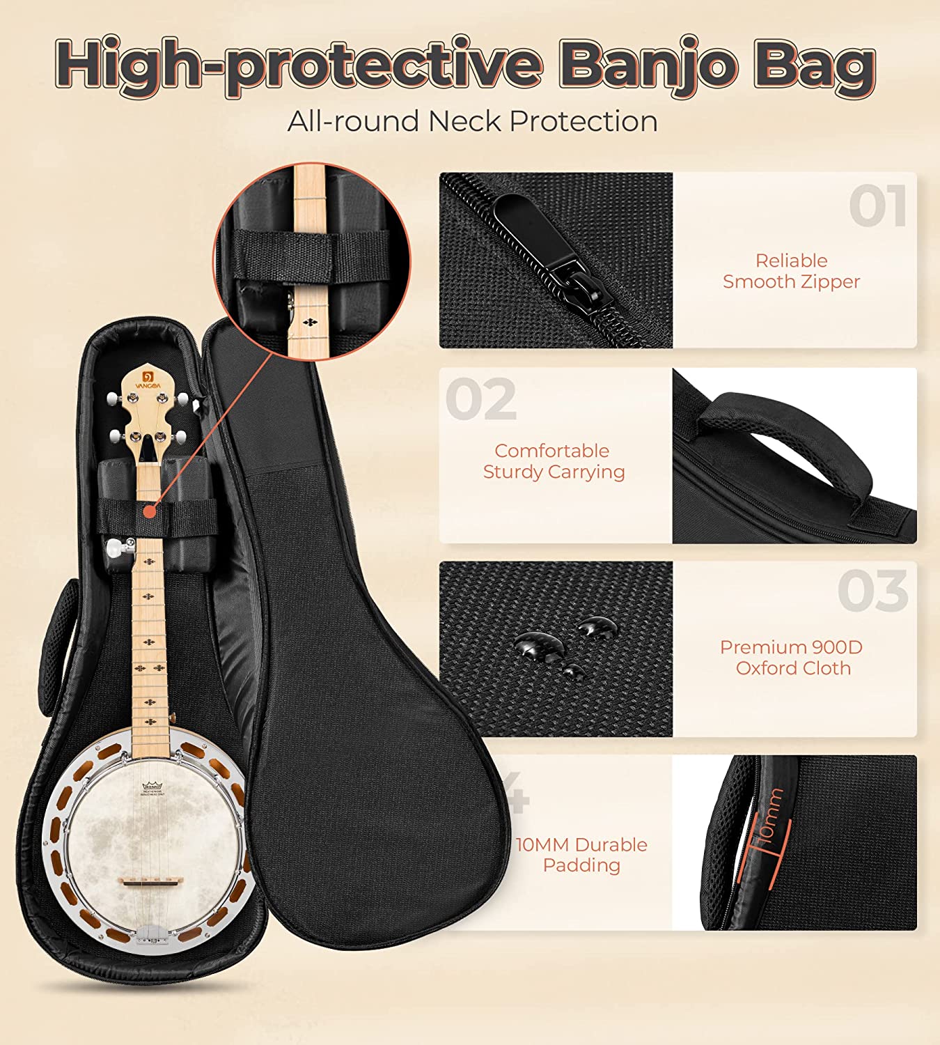 Vangoa VBJ08 - 5 Banjo 5 String with Tone Ring 28 Inch Maple Banjo - Vangoa