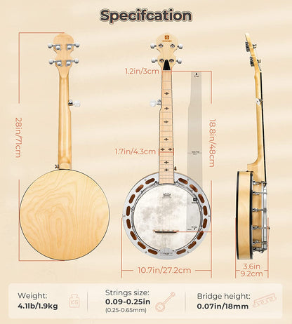 Vangoa VBJ08 - 5 Banjo 5 String with Tone Ring 28 Inch Maple Banjo - Vangoa