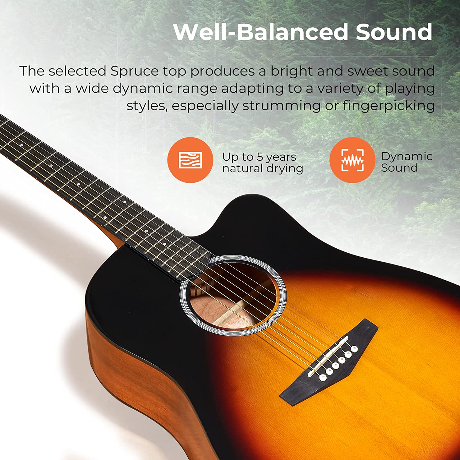 Vangoa VG - 1 Sunburst Acoustic Guitar 41 Inch Full Size Glossy - Vangoa