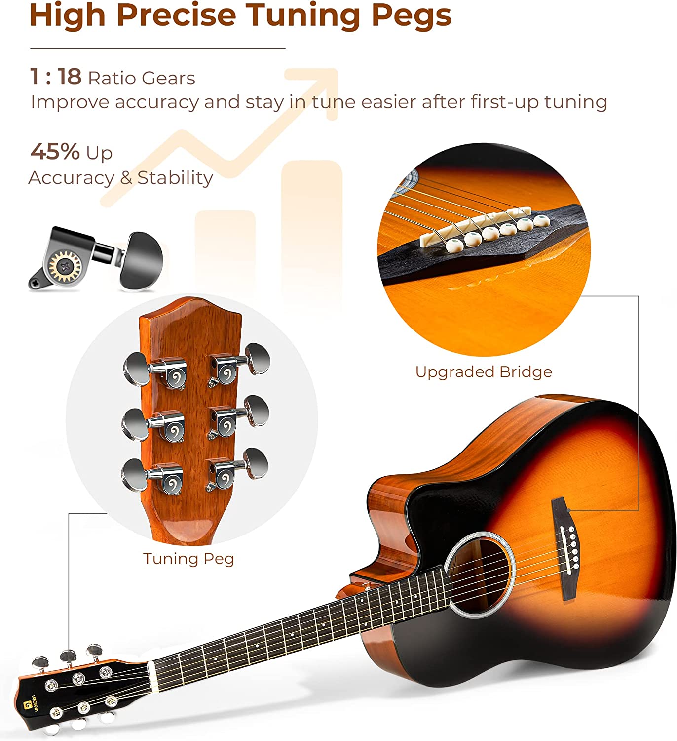 Vangoa VG - 1 Sunburst Acoustic Guitar 41 Inch Full Size Glossy - Vangoa