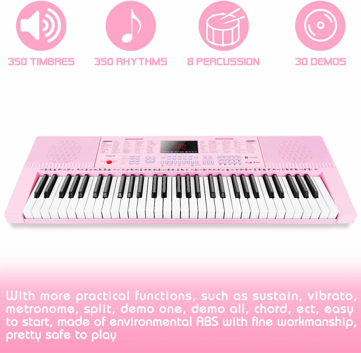 Vangoa VGK610 Piano Keyboard 61 Mini Keys Pink - Vangoa