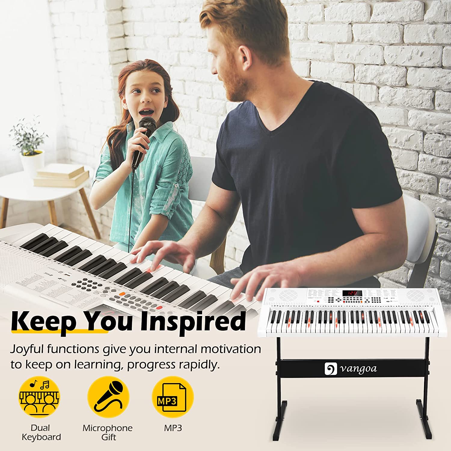 Vangoa VGK6101 White Keyboard Piano with 61 Lighted Keys 3 Teaching Mo