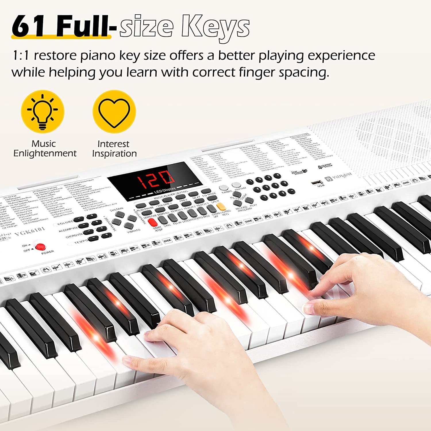 Vangoa VGK6101 White Keyboard Piano with 61 Lighted Keys 3 Teaching Mo