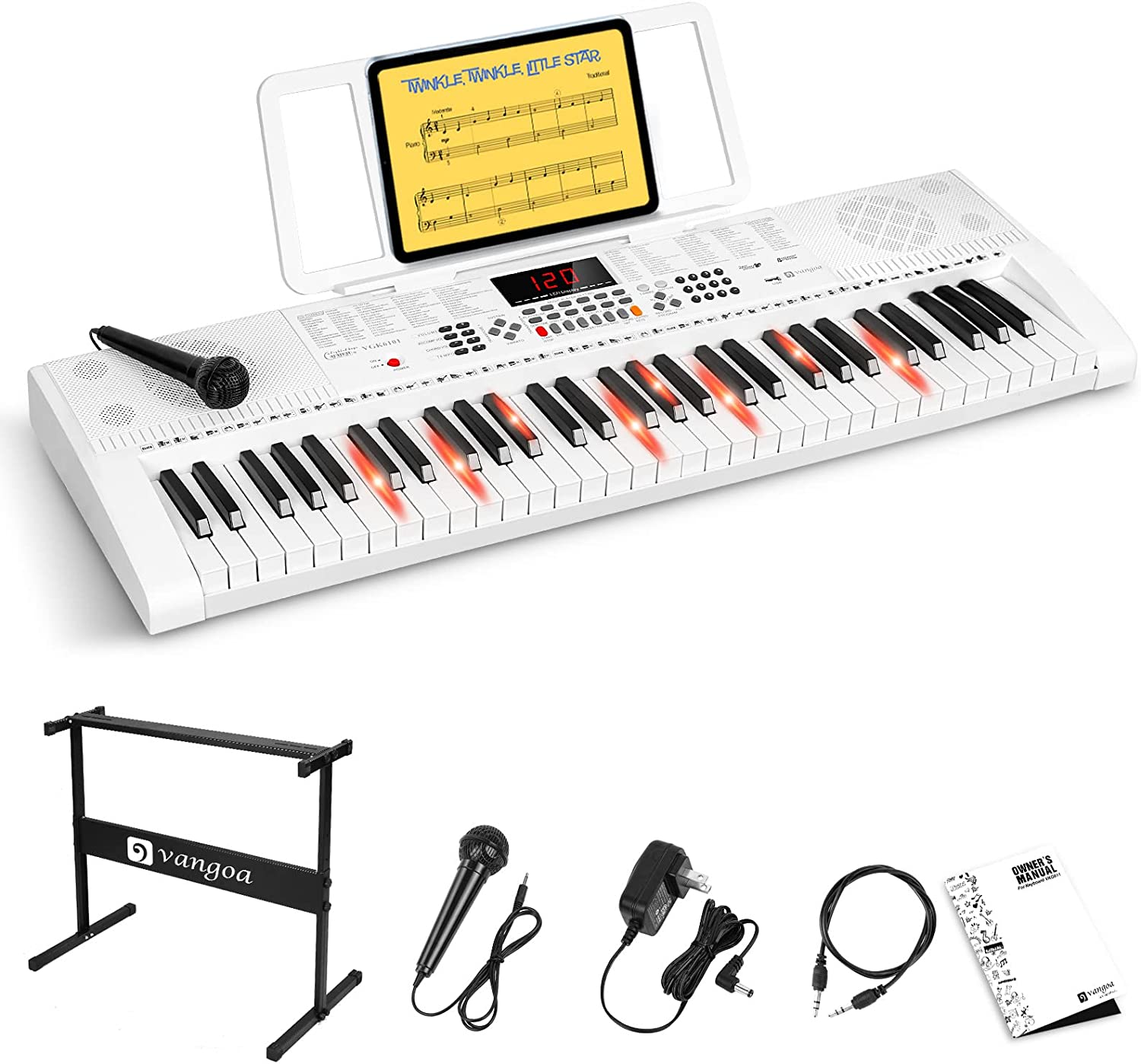 Vangoa VGK6101 White Keyboard Piano with 61 Lighted Keys 3 Teaching Modes - Vangoa