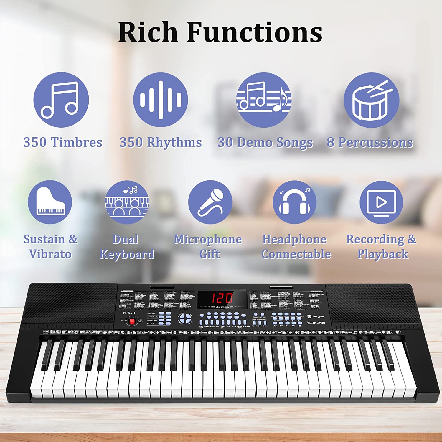 Vangoa VGK611 Piano Keyboard 61 Key Black - Vangoa