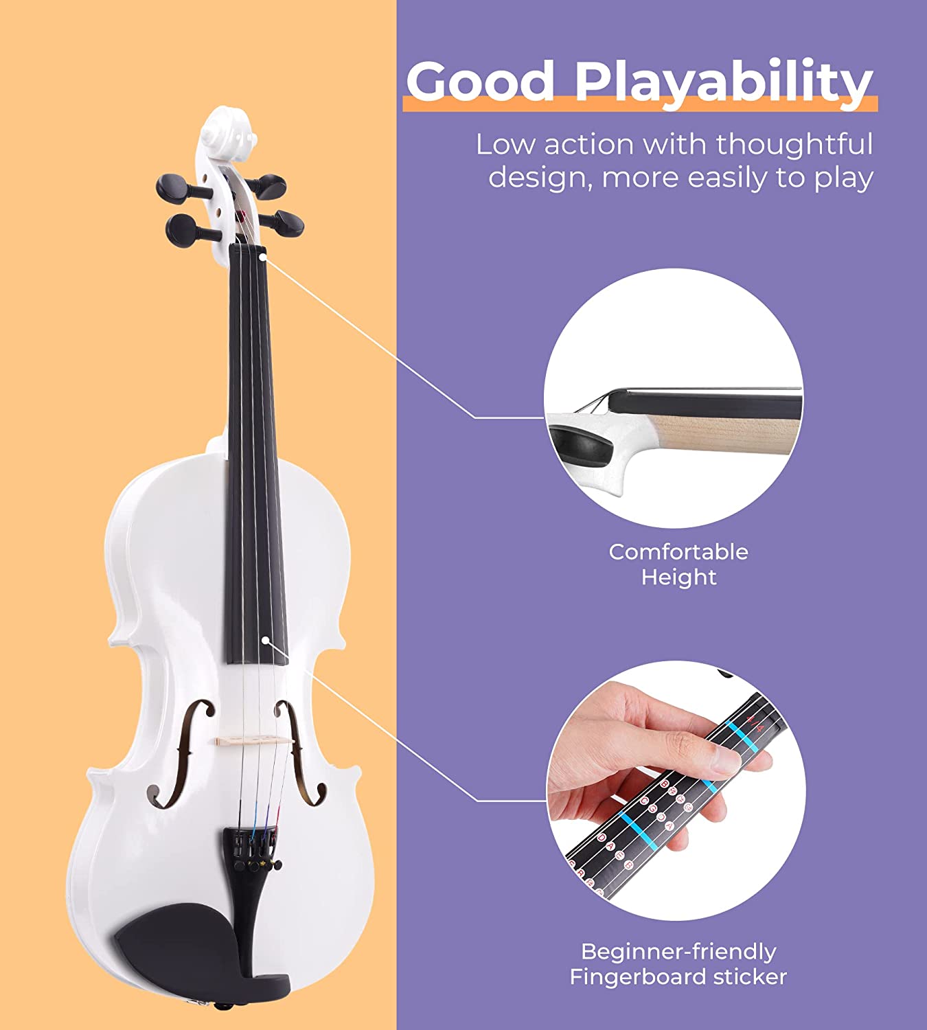 Vangoa White Acoustic Violin Set 4/4 Full Size - Vangoa