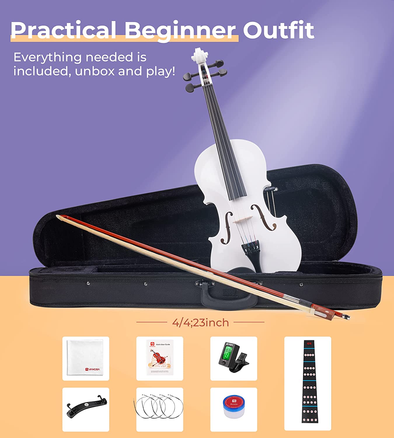 Vangoa White Acoustic Violin Set 4/4 Full Size - Vangoa